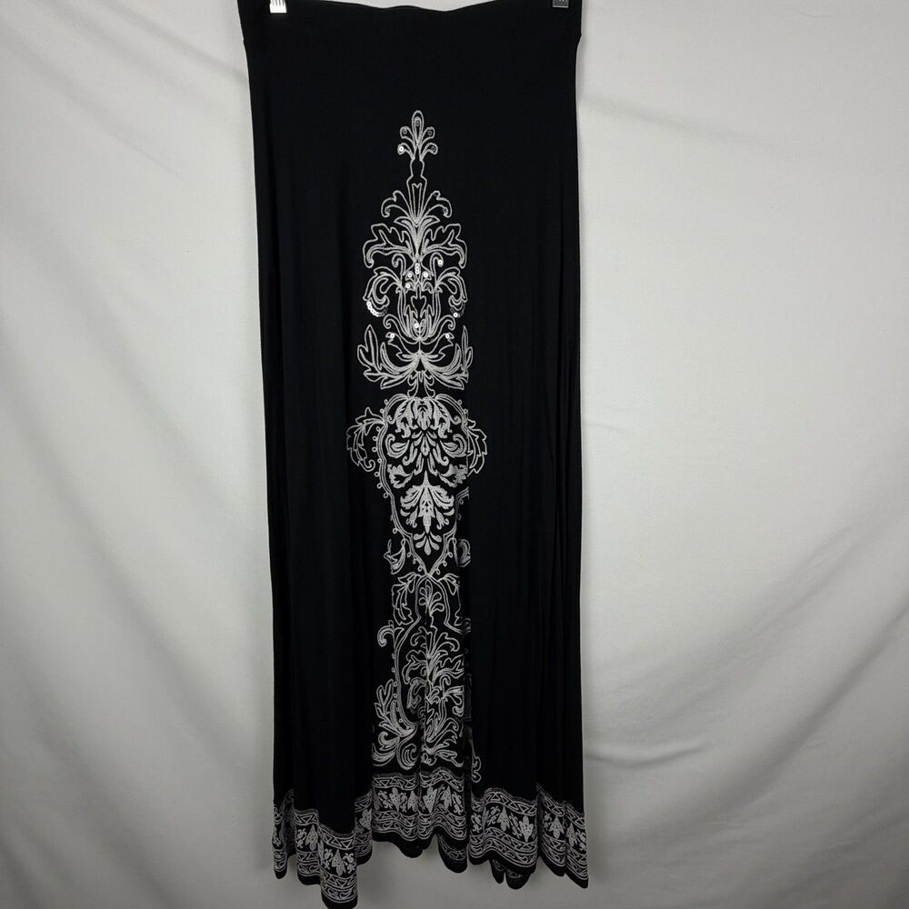 Black Maxi Skirt Sz S Sequined‎ Embroidered White Damask Pattern Boho India Glam